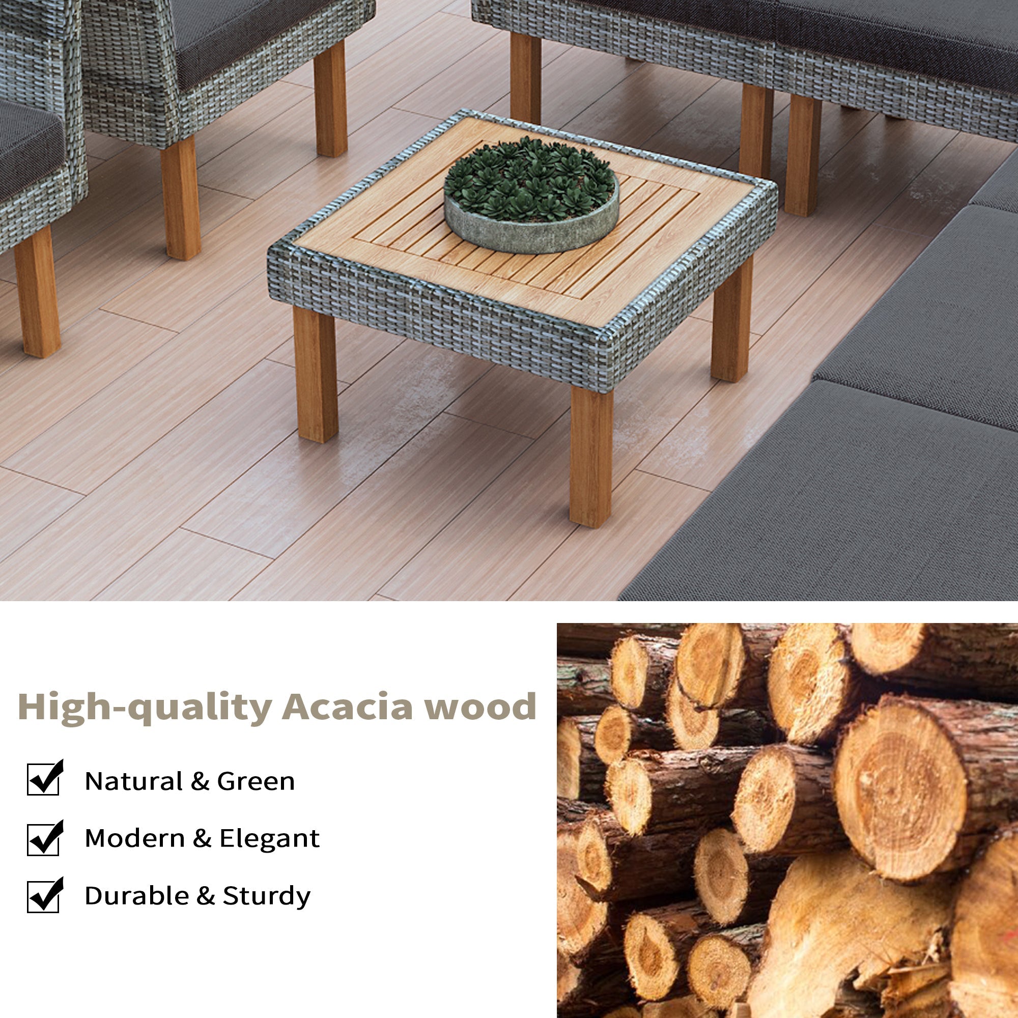 Outdoor Sectional Set PE Rattan Acacia Wood Gray 9 Piece 250 LB