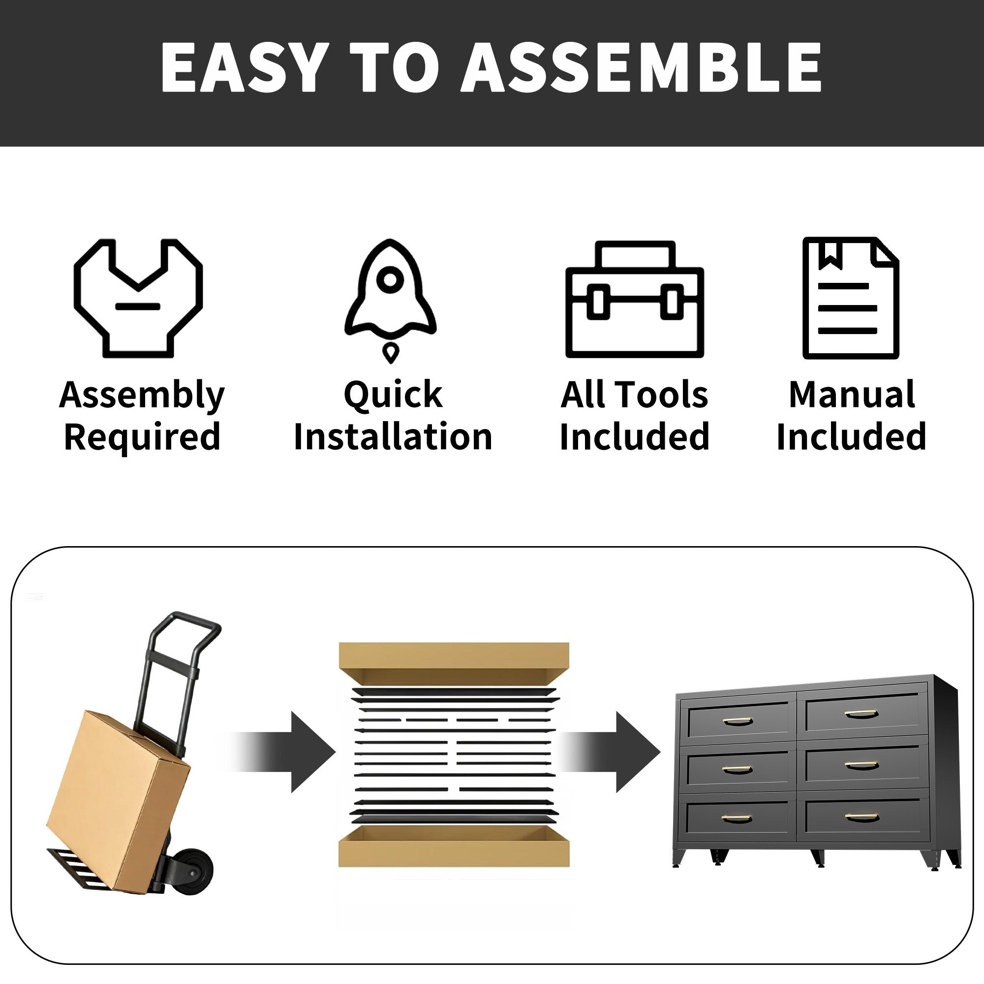 Dresser 6-Drawer Black Steel Smooth-Glide Powder Coat 47.3x15.8x30 In