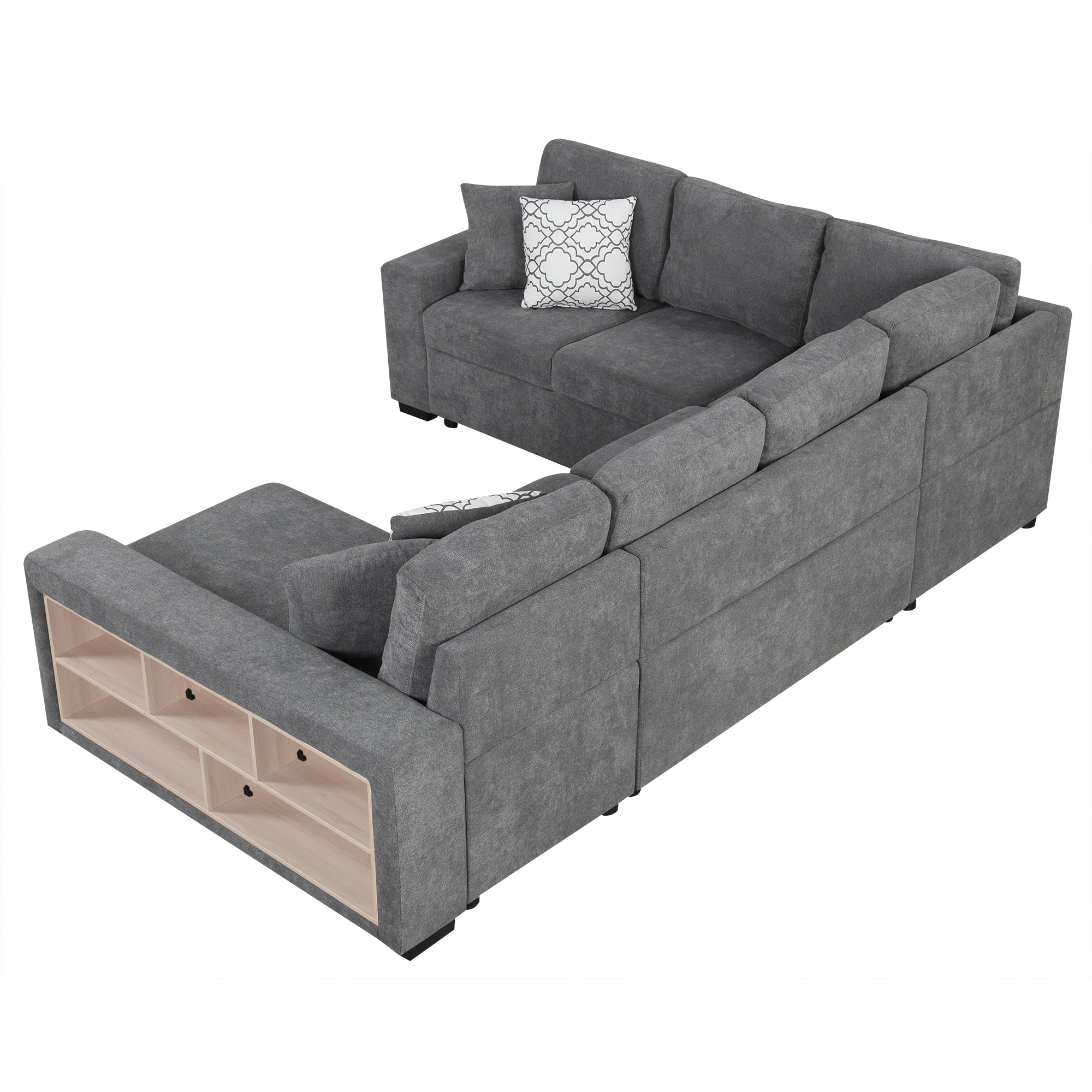 Sectional Sofa U-Shape Chenille Gray 5 Seat USB Ports Pull-Out 109 In