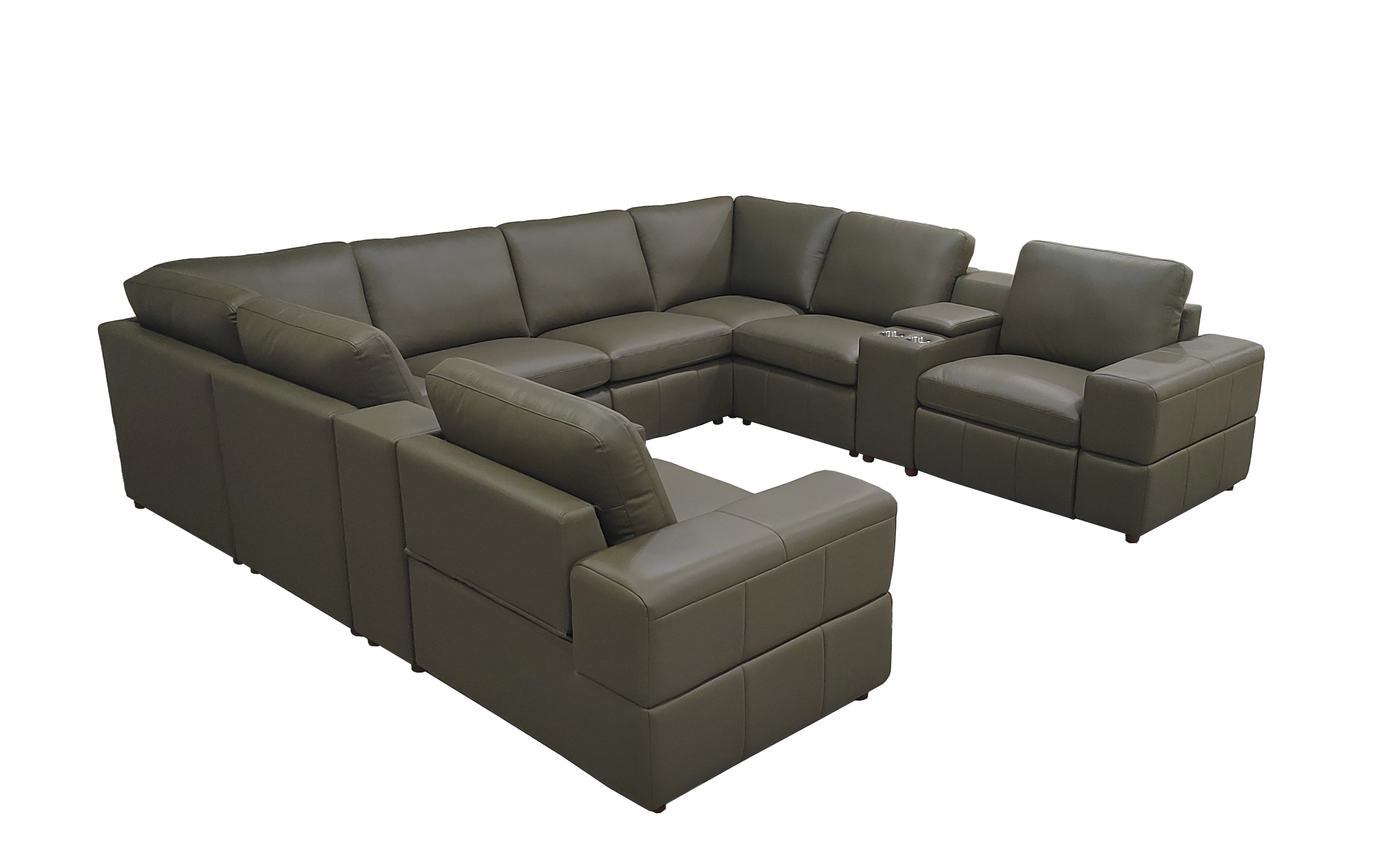 Sectional Sofa Modular Leather Match Olive 8 Seat 2 Recliners 128 In