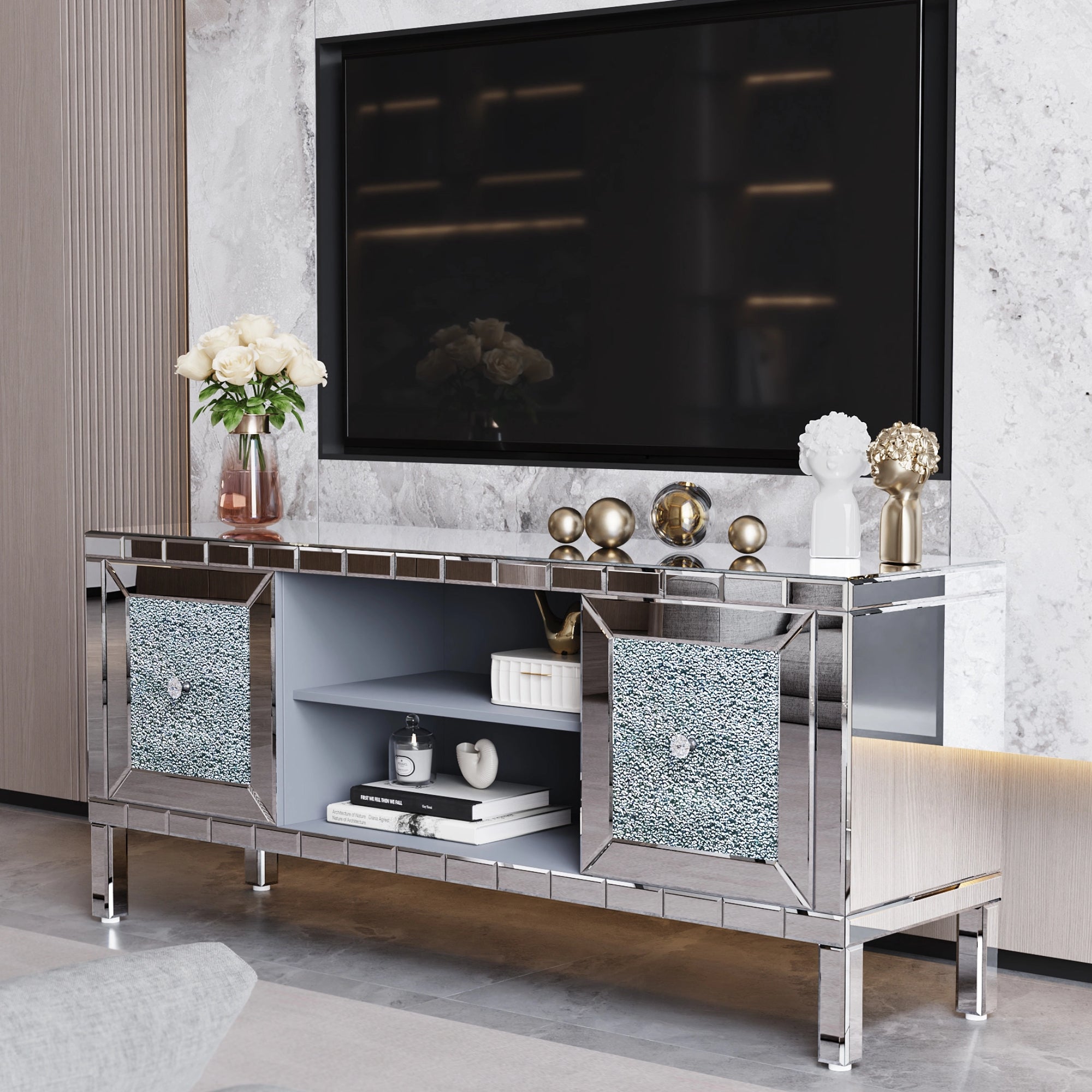 TV Stand Mirrored Crushed Diamond Glass Silver 59 In Fits 65 In TV