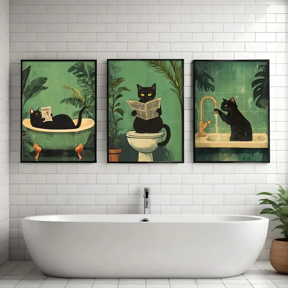 Black Cat Bathroom Wall Art Set