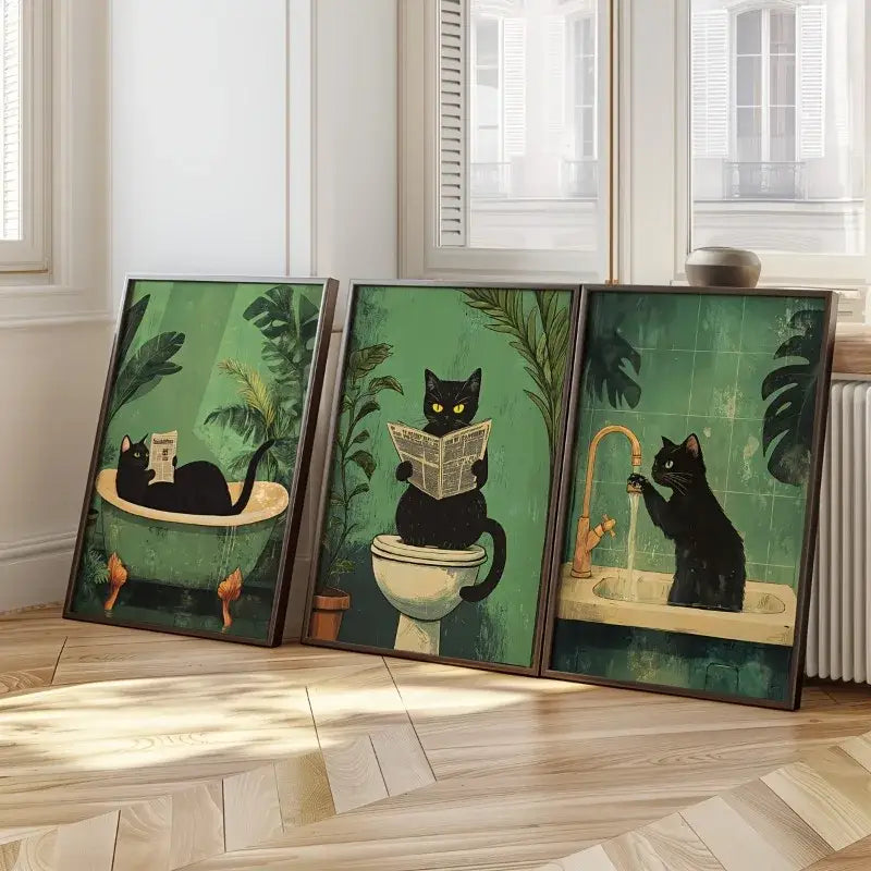 Black Cat Bathroom Wall Art Set