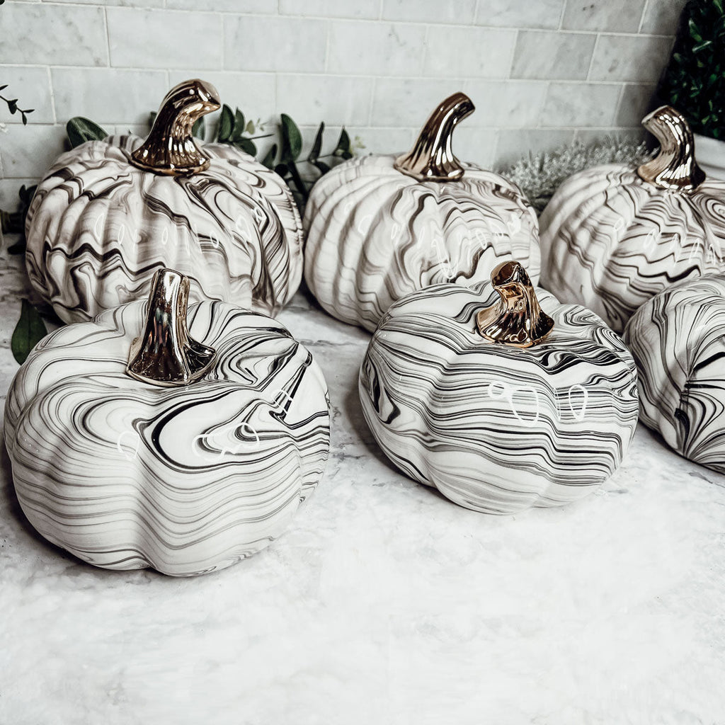 Black Marble Pumpkin Gold Stem Handcrafted Luxury Halloween Decor Accent