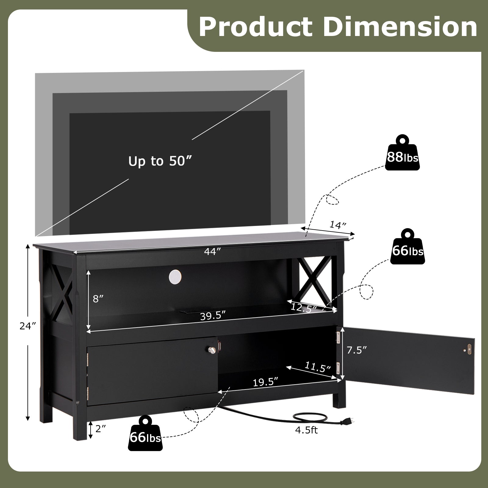 44 Inch Wooden Storage Cabinet TV Stand