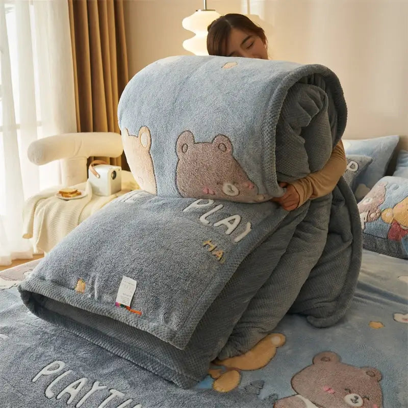 Blue teddy bear winter velvet duvet cover bedroom plush blanket