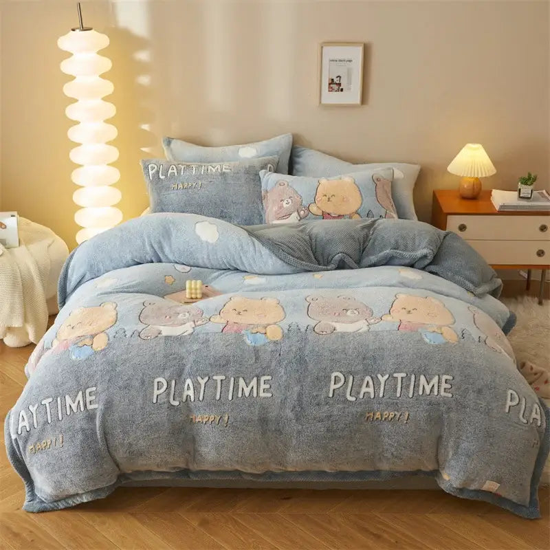 Blue teddy bear winter velvet duvet cover bedroom plush blanket