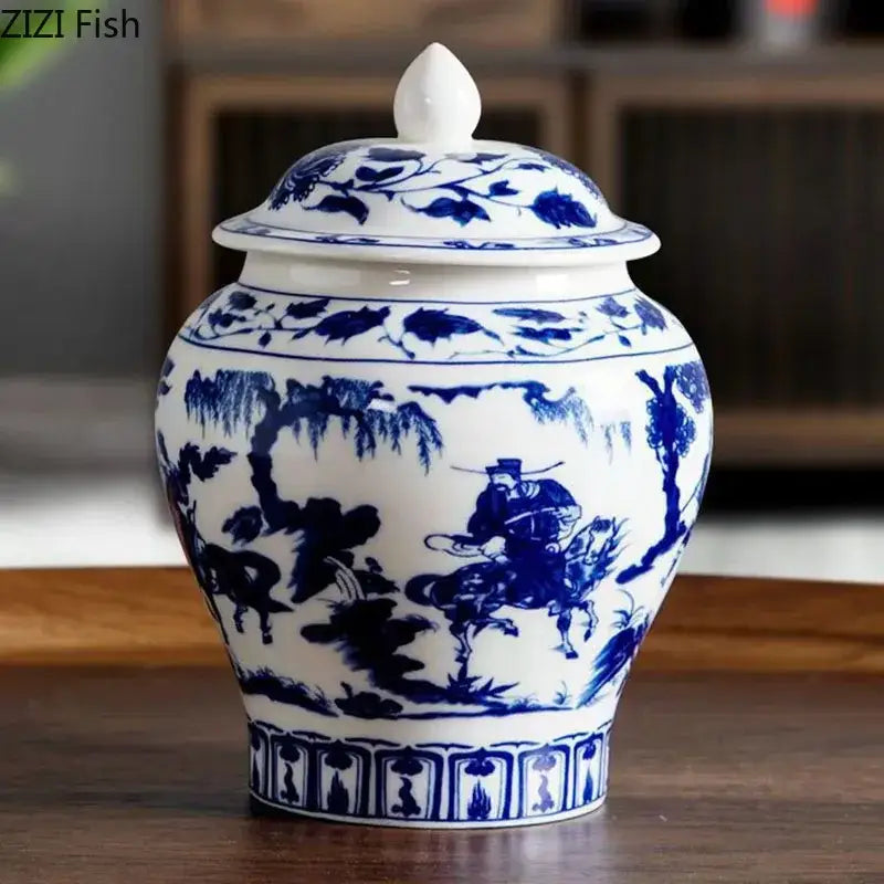 DecorBites™ Blue & White Porcelain Tea Canister | Ceramic Sealed Caddy Jar