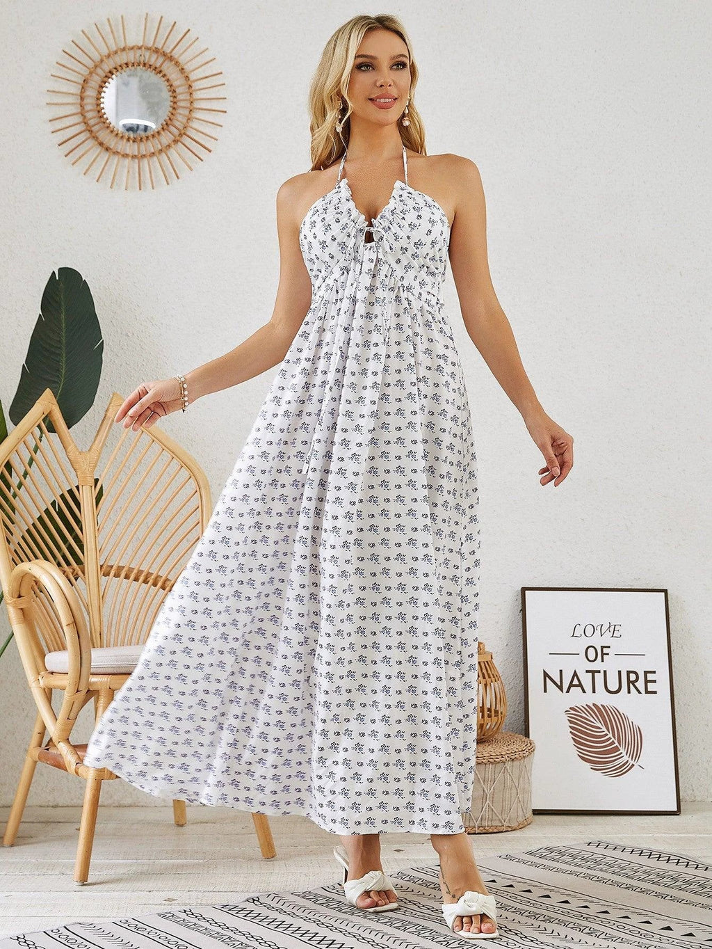 Bohemian Halter Maxi Dress - Women's Summer Sleeveless Flowy Beach Dress