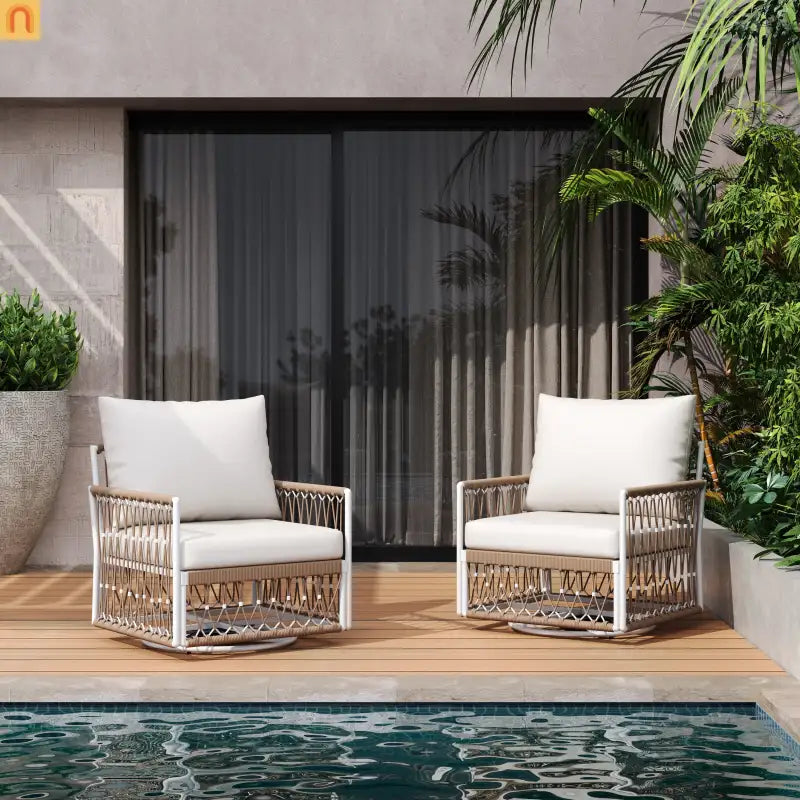 Outdoor Swivel Lounge Chair Rope Steel Beige Set of 2