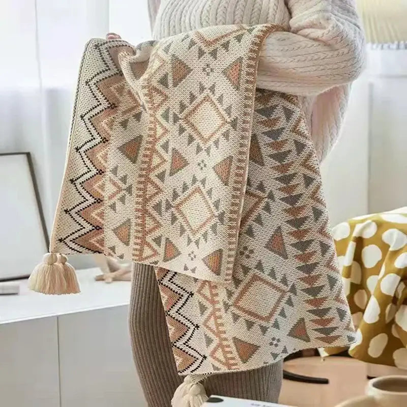 Bohemian tassel knit blanket living room geometric tapestry throw