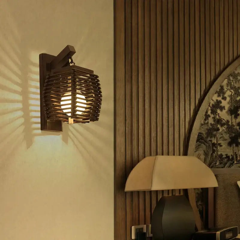 Boho bamboo wall sconce light – corridor woven wood slat design