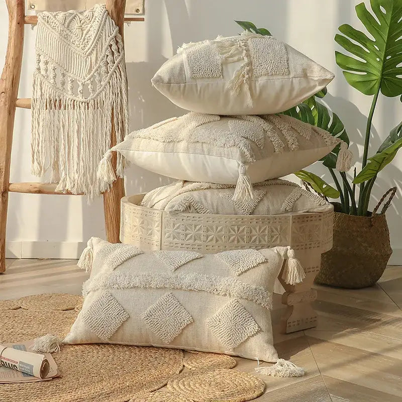 Boho beige white tufted tassel pillow covers bedroom decor