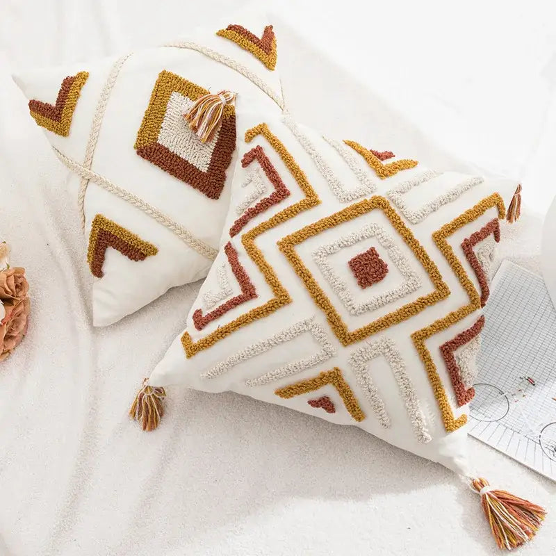 DecorBites™ Boho Loop Tufted Tassel Pillow Cover - Ethnic Embroidered Decorative Cushion