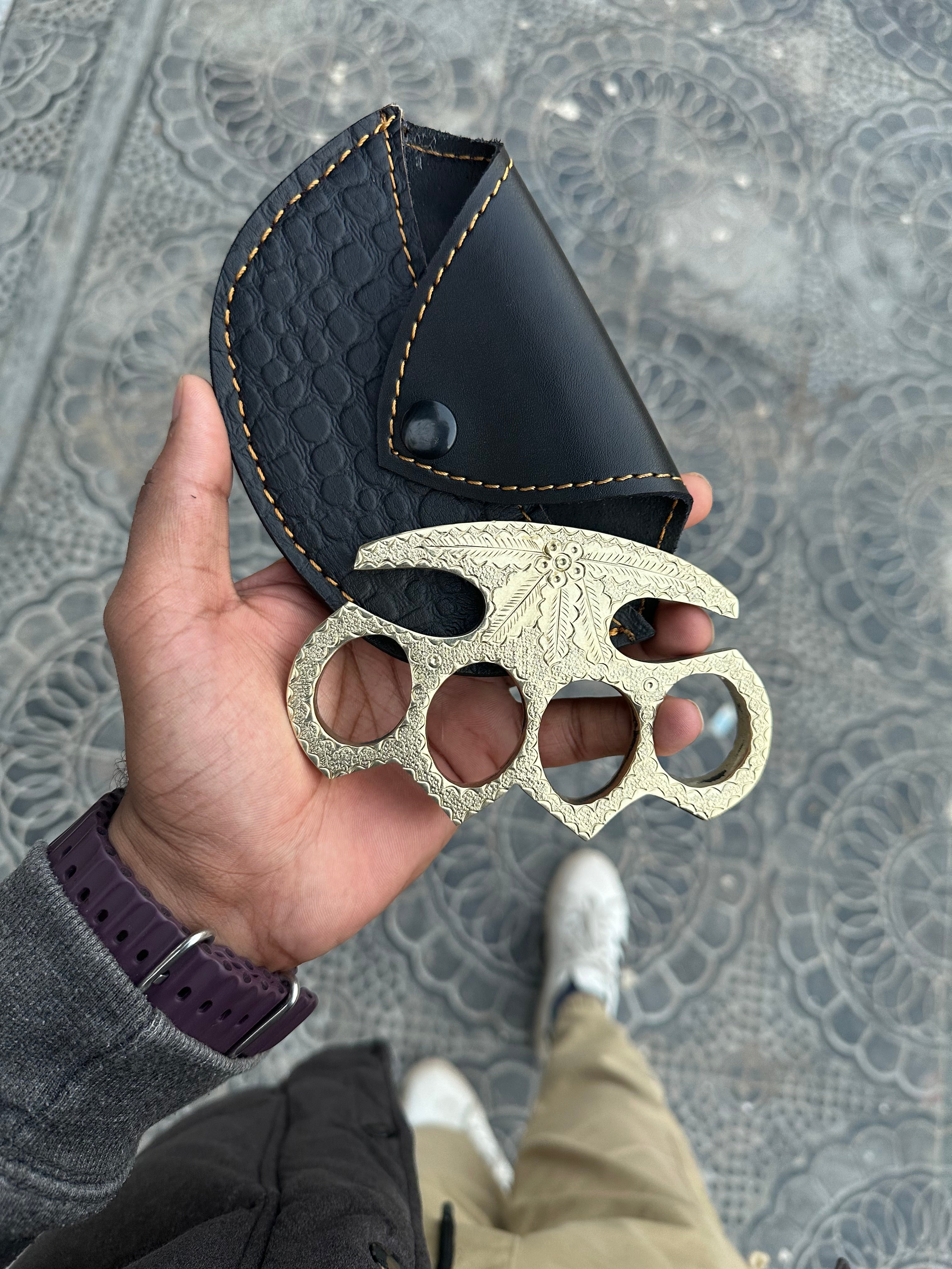 Handmade Brass Knuckle – Hand-Engraved with Premium Leather Carry Case