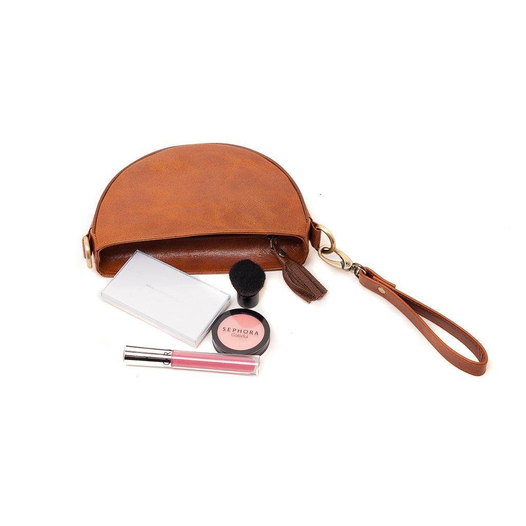 Brown Half Moon Crossbody Clutch Wristlet Eco Leather Tassel Bag