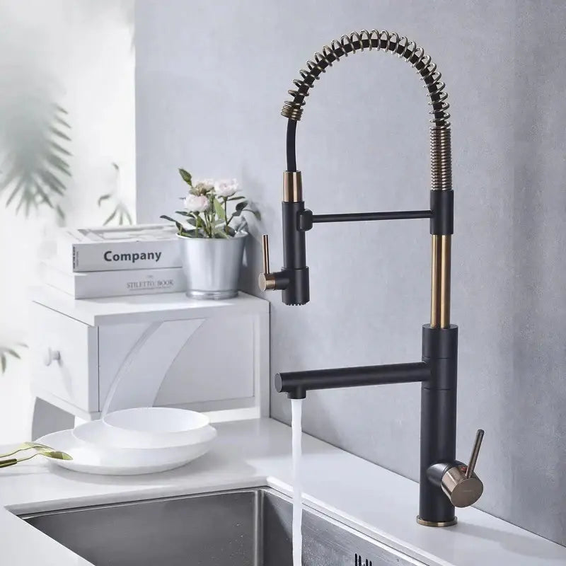 DecorBites™ Brushed Gold Kitchen Faucet with Pull Down Black Spring Spout - Hot Cold Mixer