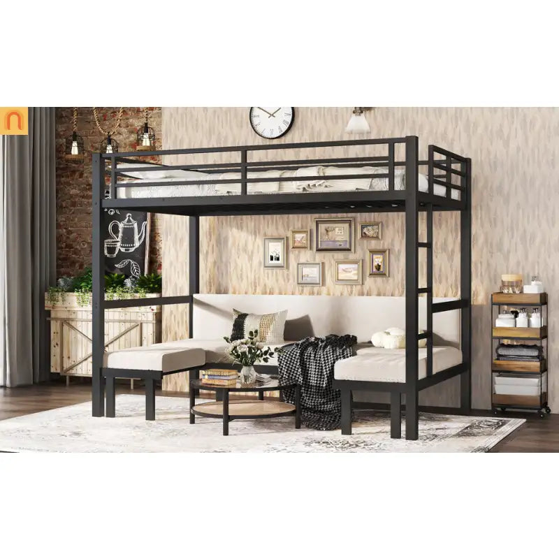 Bunk Bed Twin XL over Twin XL Metal Black Pull-Out Lower Bunk 3-Section