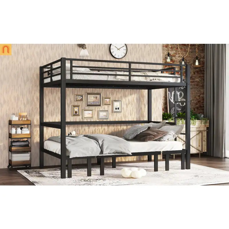 Bunk Bed Twin XL over Twin XL Metal Black Pull-Out Lower Bunk 3-Section