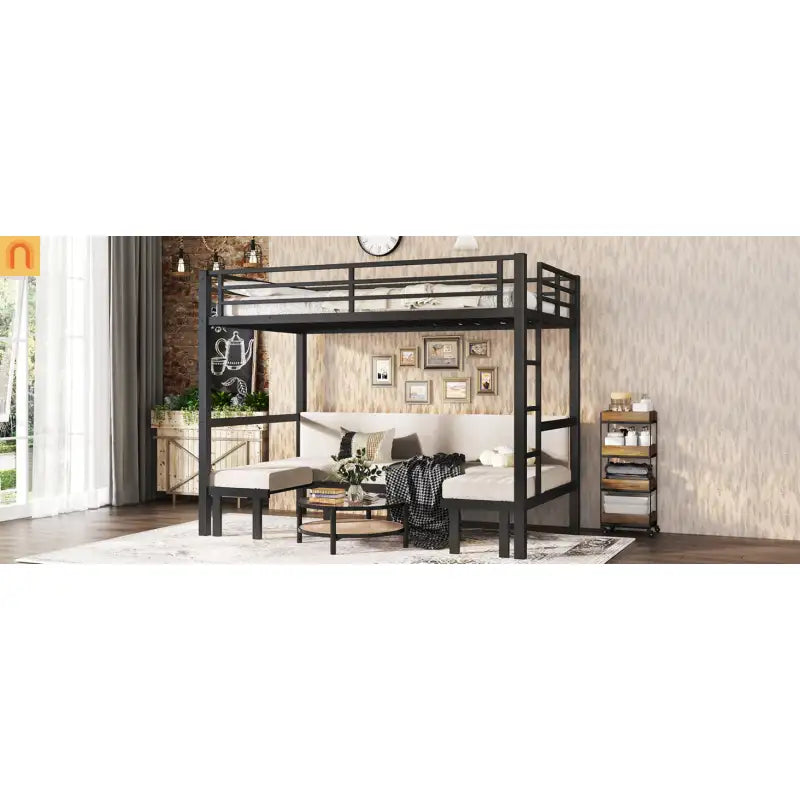 Bunk Bed Twin XL over Twin XL Metal Black Pull-Out Lower Bunk 3-Section