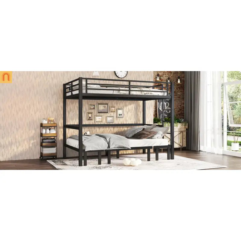 Bunk Bed Twin XL over Twin XL Metal Black Pull-Out Lower Bunk 3-Section