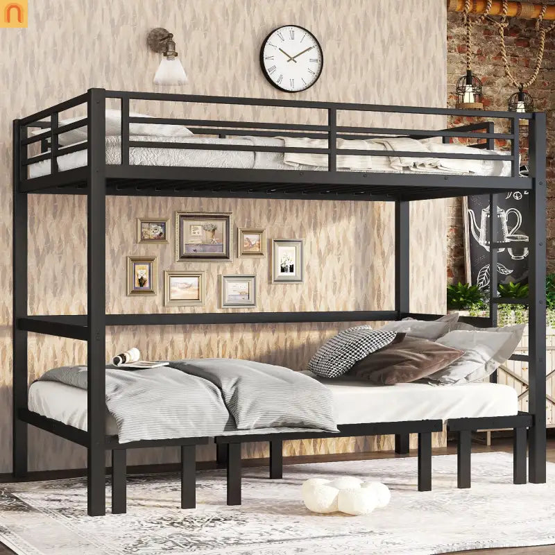 Bunk Bed Twin XL over Twin XL Metal Black Pull-Out Lower Bunk 3-Section
