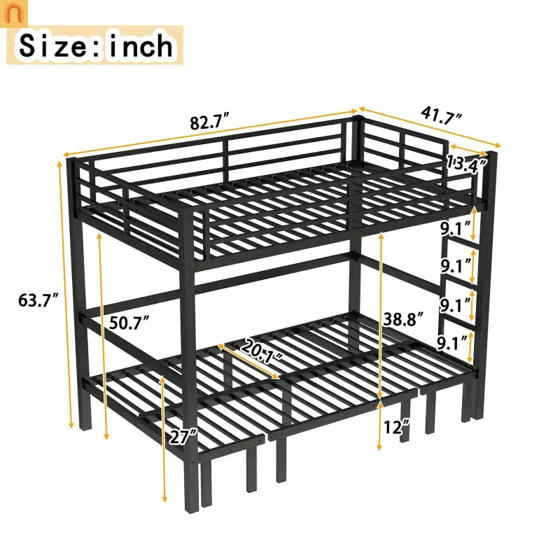 Bunk Bed Twin XL over Twin XL Metal Black Pull-Out Lower Bunk 3-Section
