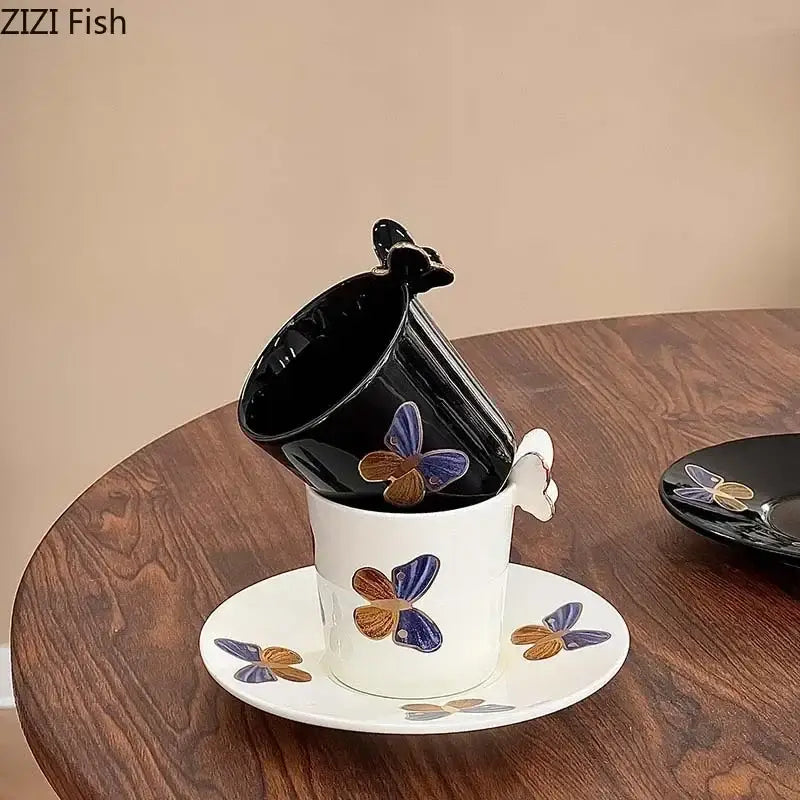 Butterfly pattern ceramic cup and saucer set cream & black dining room