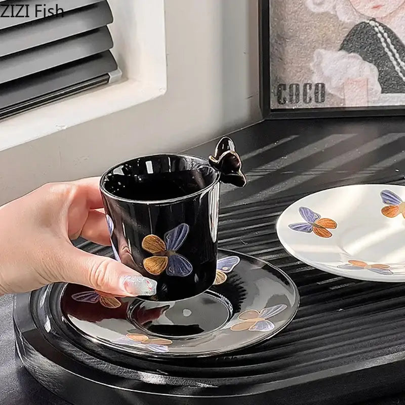 Butterfly pattern ceramic cup and saucer set cream & black dining room