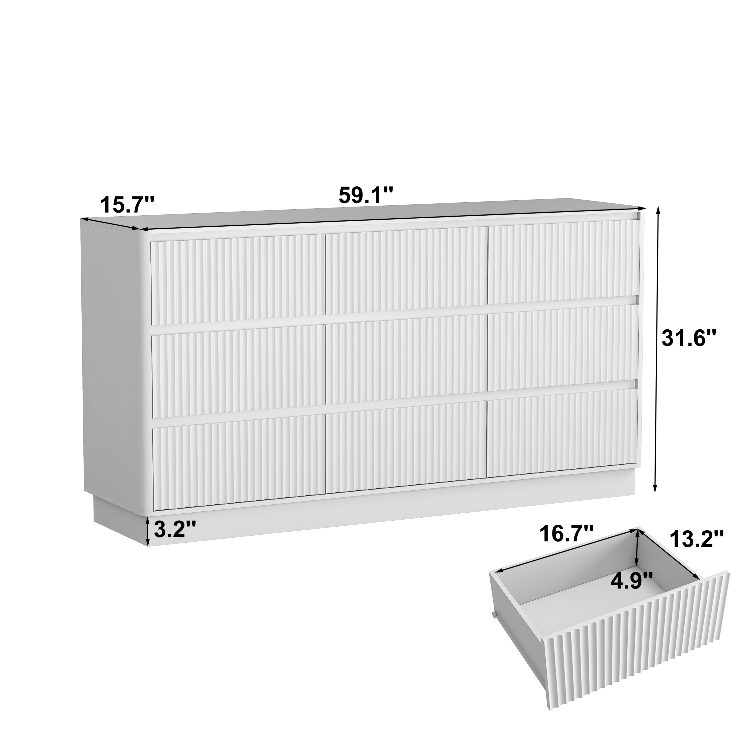 Dresser Mid-Century 9-Drawer White Wave No-Handle 59.1x15.7x31.6 In