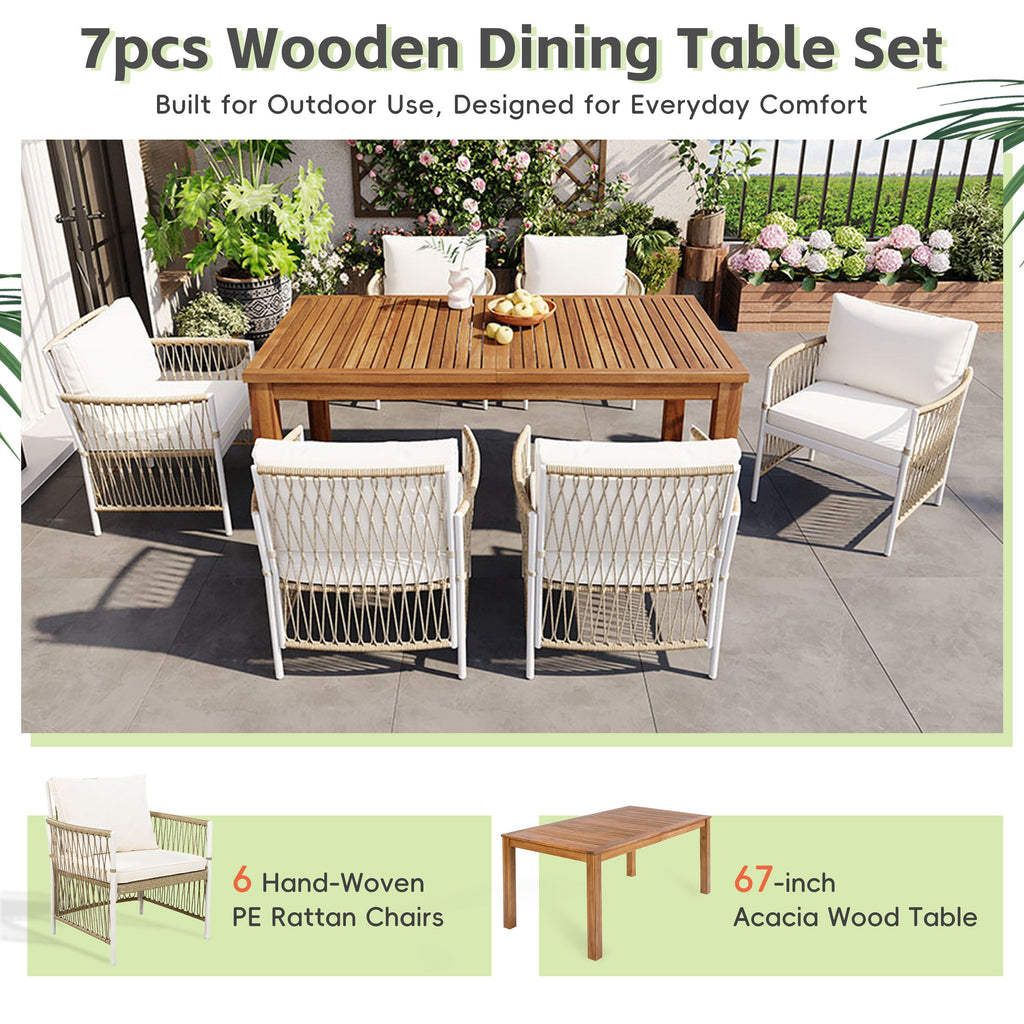 Outdoor Dining Set Acacia Wood PE Wicker Armchair 7 Piece Seats 6