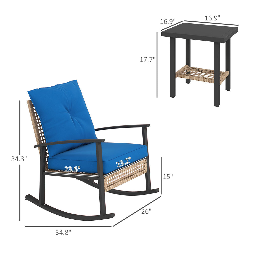 Outdoor Rocking Chair Set PE Rattan Steel Blue 3 Piece