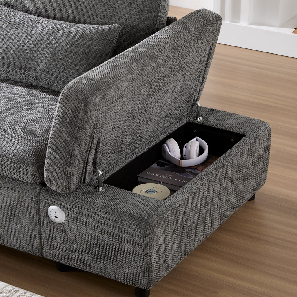 Sofa Bed L-Shape Chenille Gray 6 Seat Pull-Out USB Ports 107 In