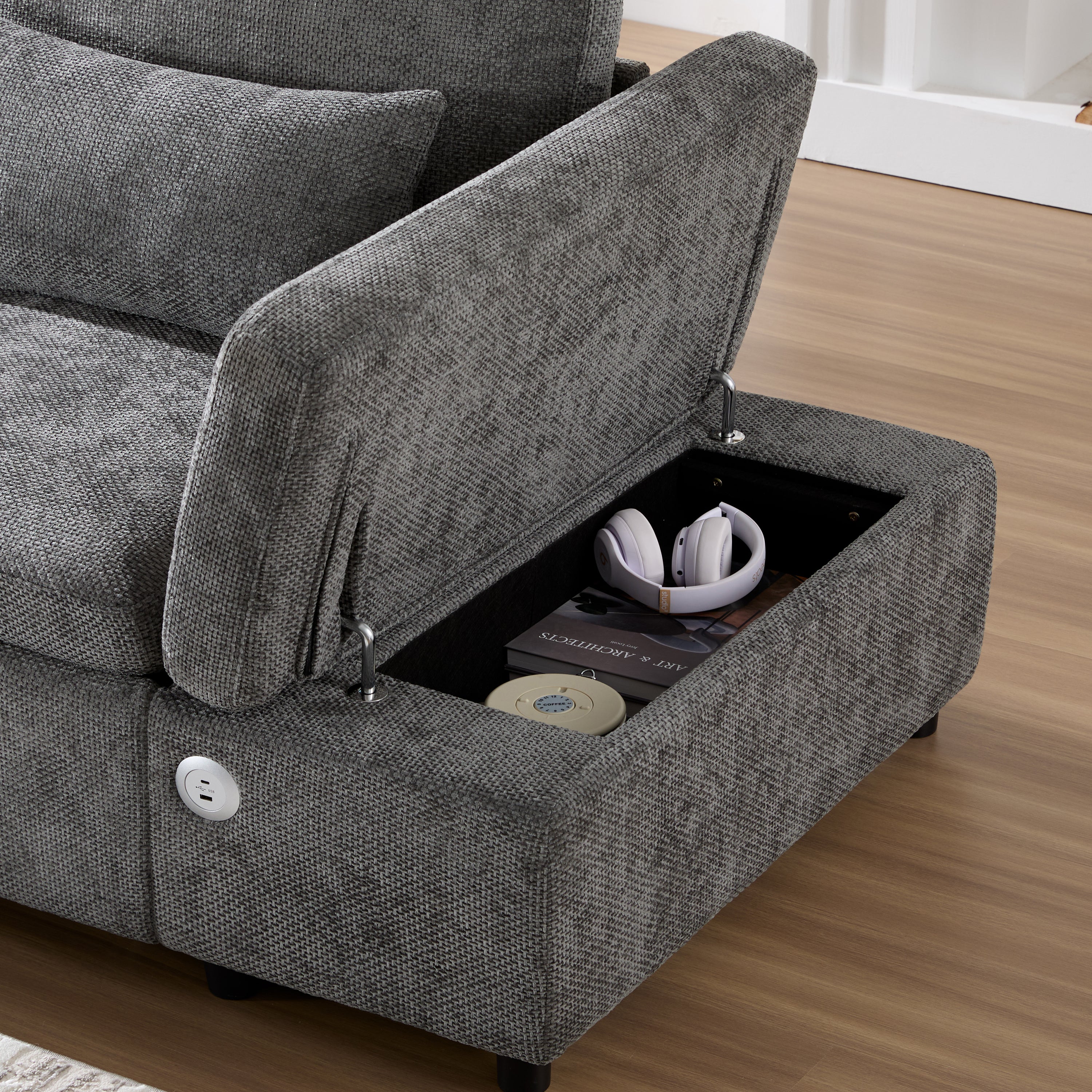 Sofa Bed L-Shape Chenille Gray 6 Seat Pull-Out USB Ports 107 In
