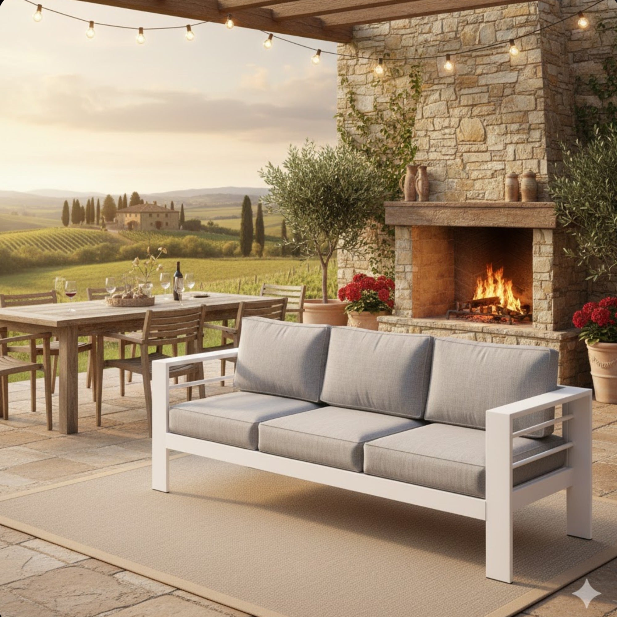 Outdoor Aluminum Sofa 3 Seat 74in White Cushions