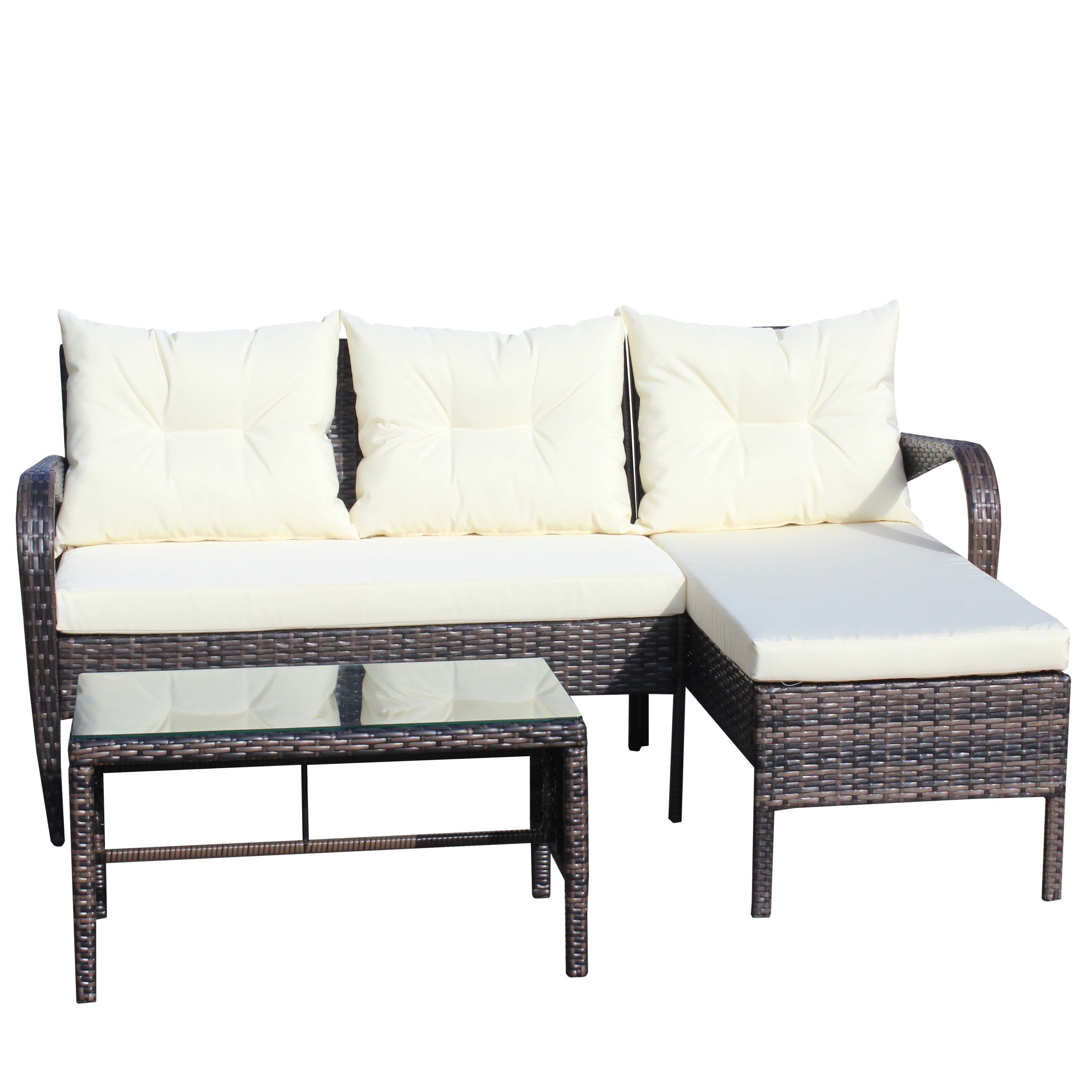 Outdoor Sectional Set PE Rattan Steel Brown Beige Cushion 3 Piece 560 LB