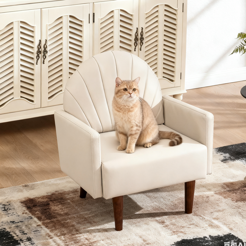 Accent Chair Shell-Shape PU Leather Khaki Solid Wood Legs Easy Assembly