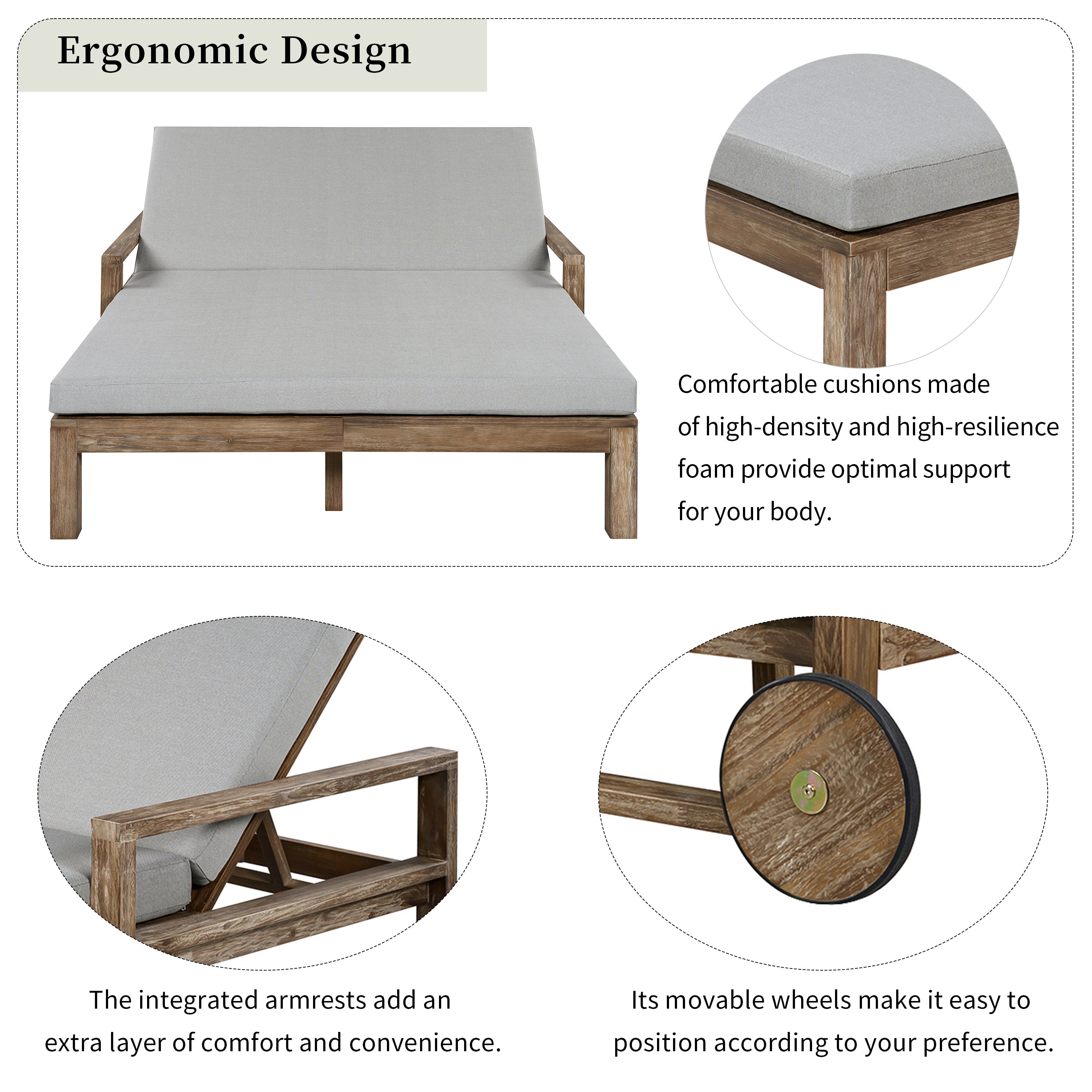 Outdoor Daybed Acacia Wood Farmhouse Gray with Wheels 2 Person