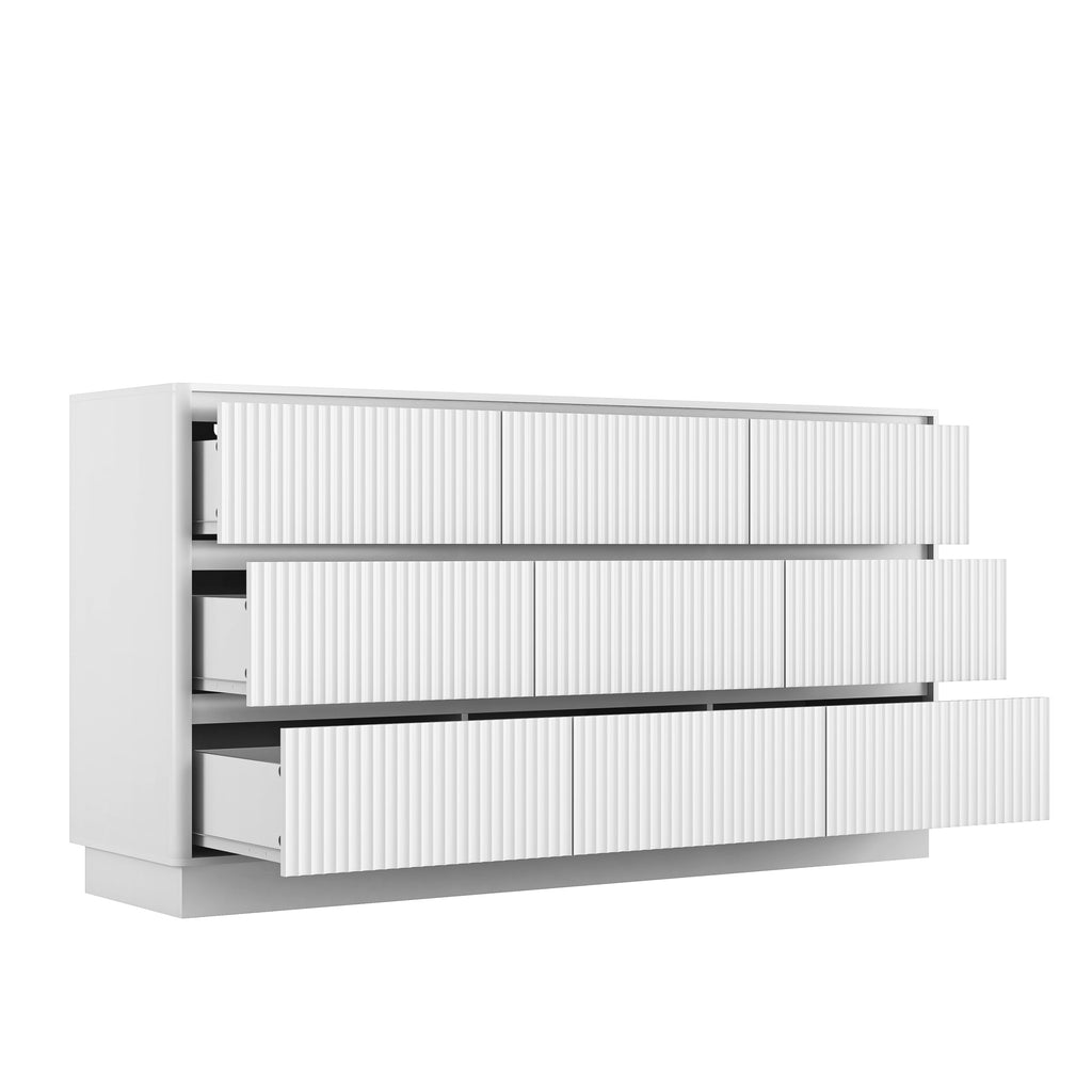 Dresser Mid-Century 9-Drawer White Wave No-Handle 59.1x15.7x31.6 In