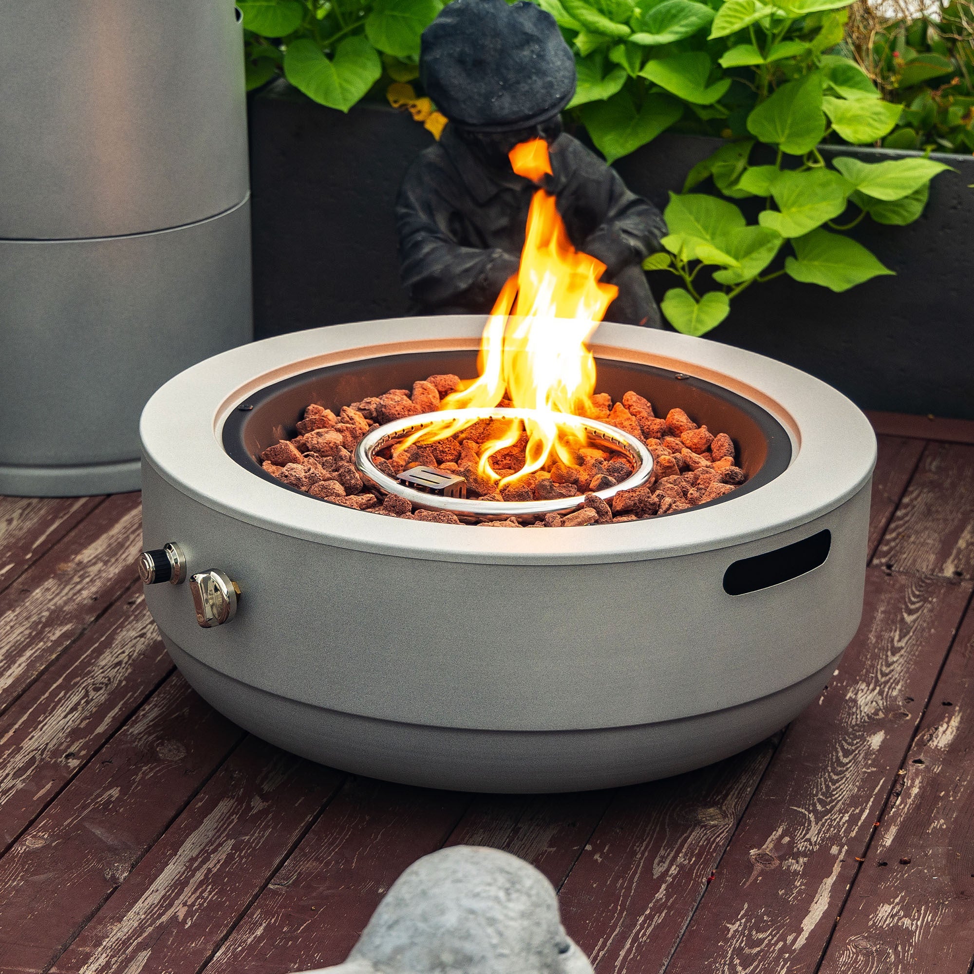 Fire Pit Propane Round Steel Gray 50000 BTU 24 In Tabletop Lid Included