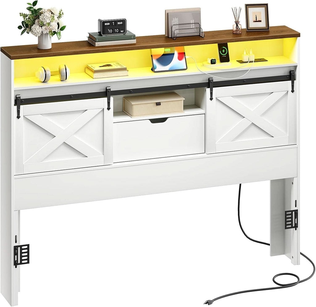 Farmhouse Queen Headboard with Storage and Charging Station