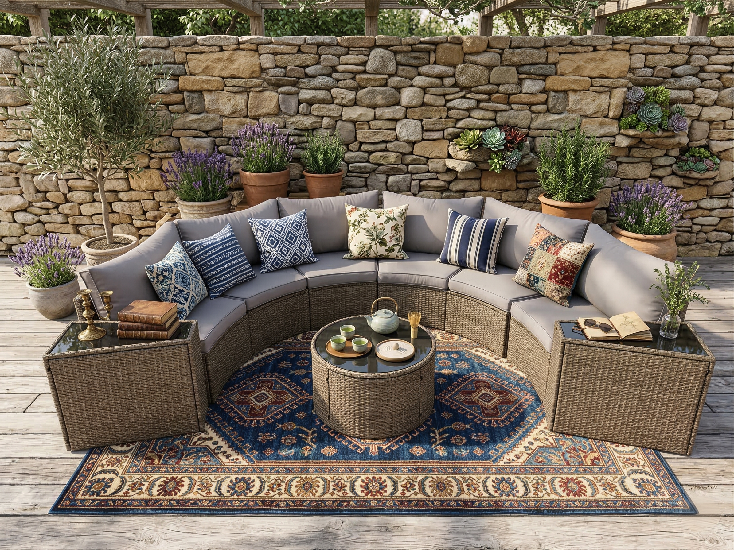 Outdoor Sectional Set PE Rattan Steel Light Gray Half Moon 9 Piece 380 LB