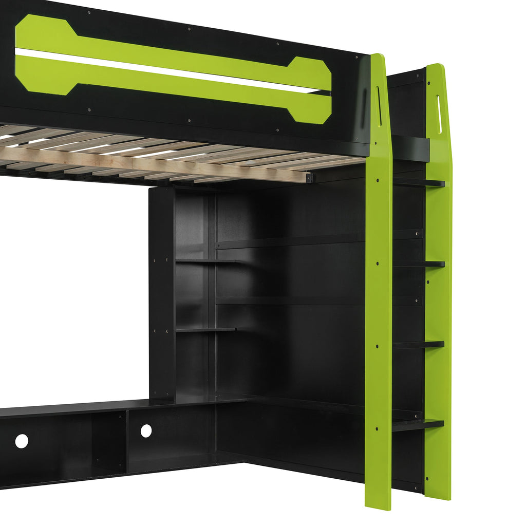 Full Size Wood Loft Bed with Desk, Multi-storage Shelves and RGB Light, Green
