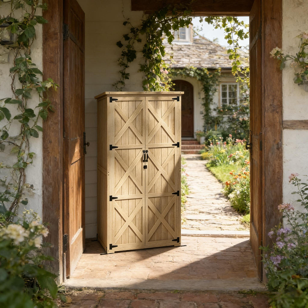 Outdoor Storage Shed Fir Wood Natural Vertical Lockable 35.5in