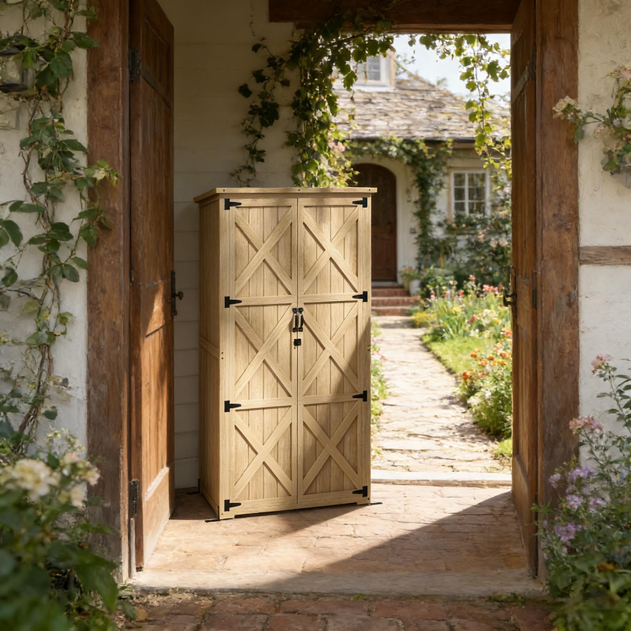 Outdoor Storage Shed Fir Wood Natural Vertical Lockable 35.5in