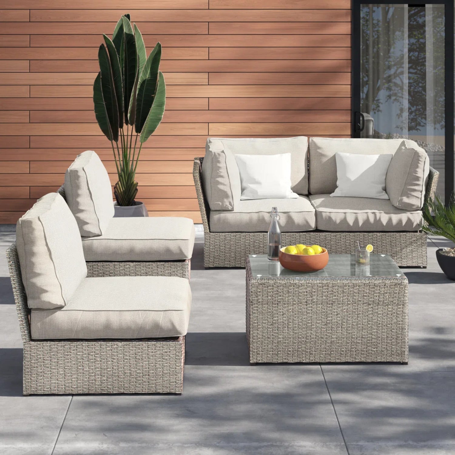 Outdoor Patio Set HDPE Wicker Gray 5 Piece Modular Seats 4