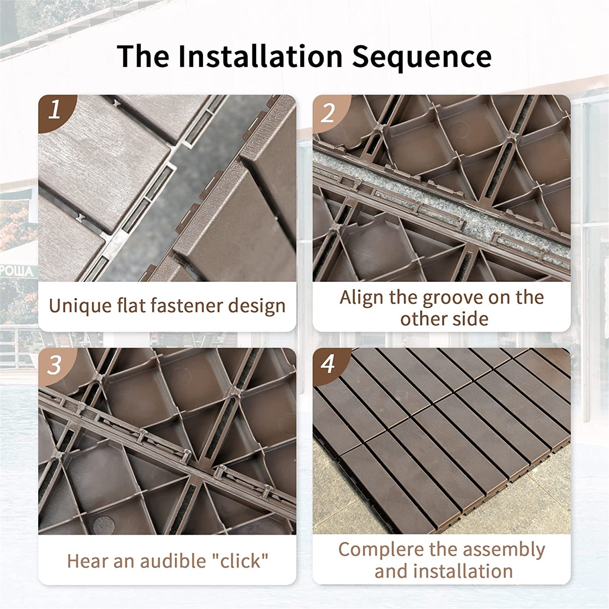 Outdoor Deck Tiles Interlocking Plastic Dark Brown 12x12 in Pack of 44