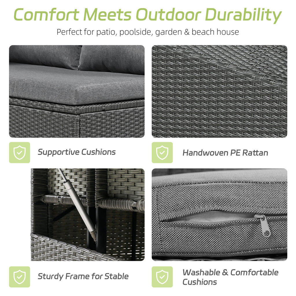 Outdoor Sectional Set PE Wicker Steel Gray 5 Piece L-Shape Seats 7