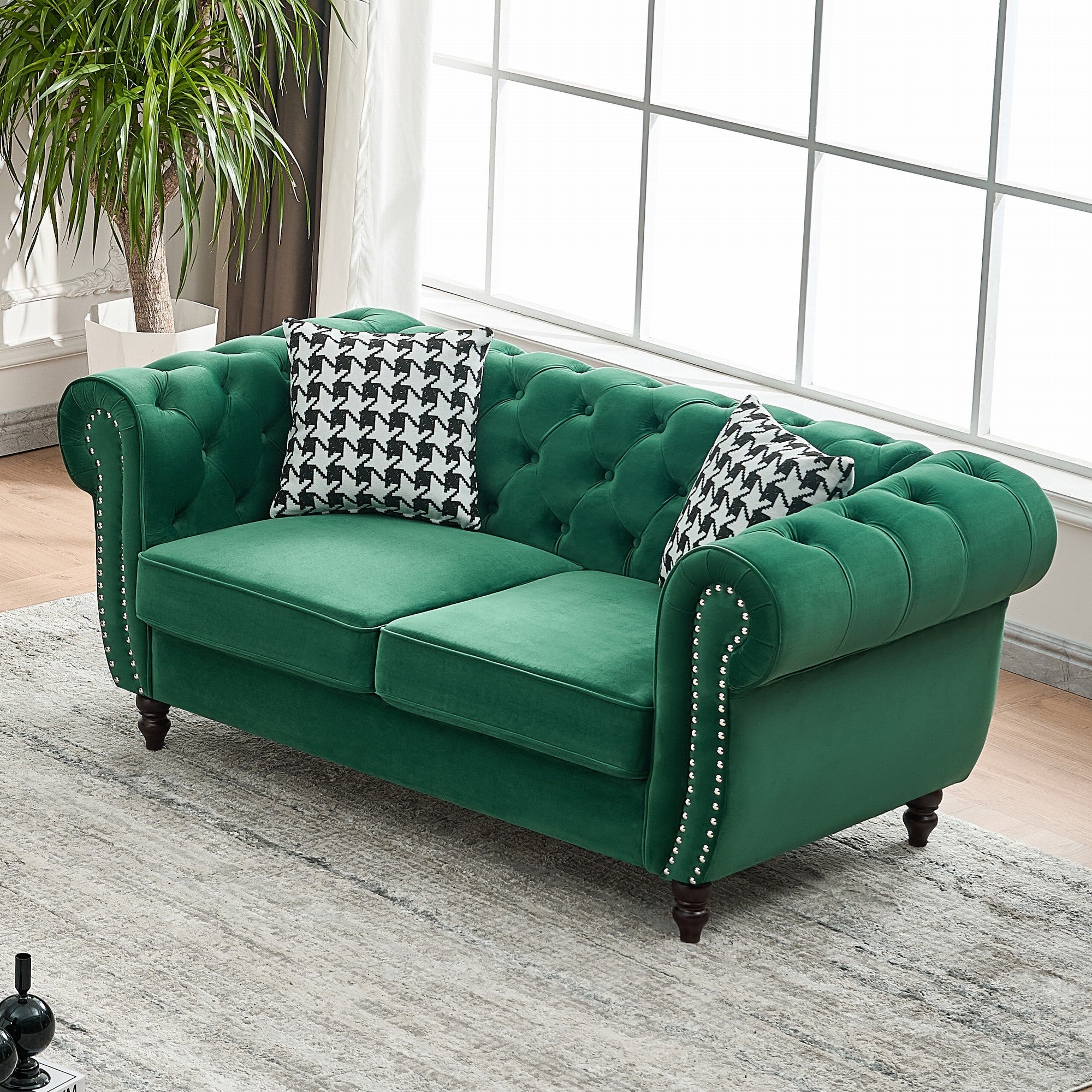 Loveseat Chesterfield Velvet Green Mid-Century Nailhead Rolled Arms 67 In