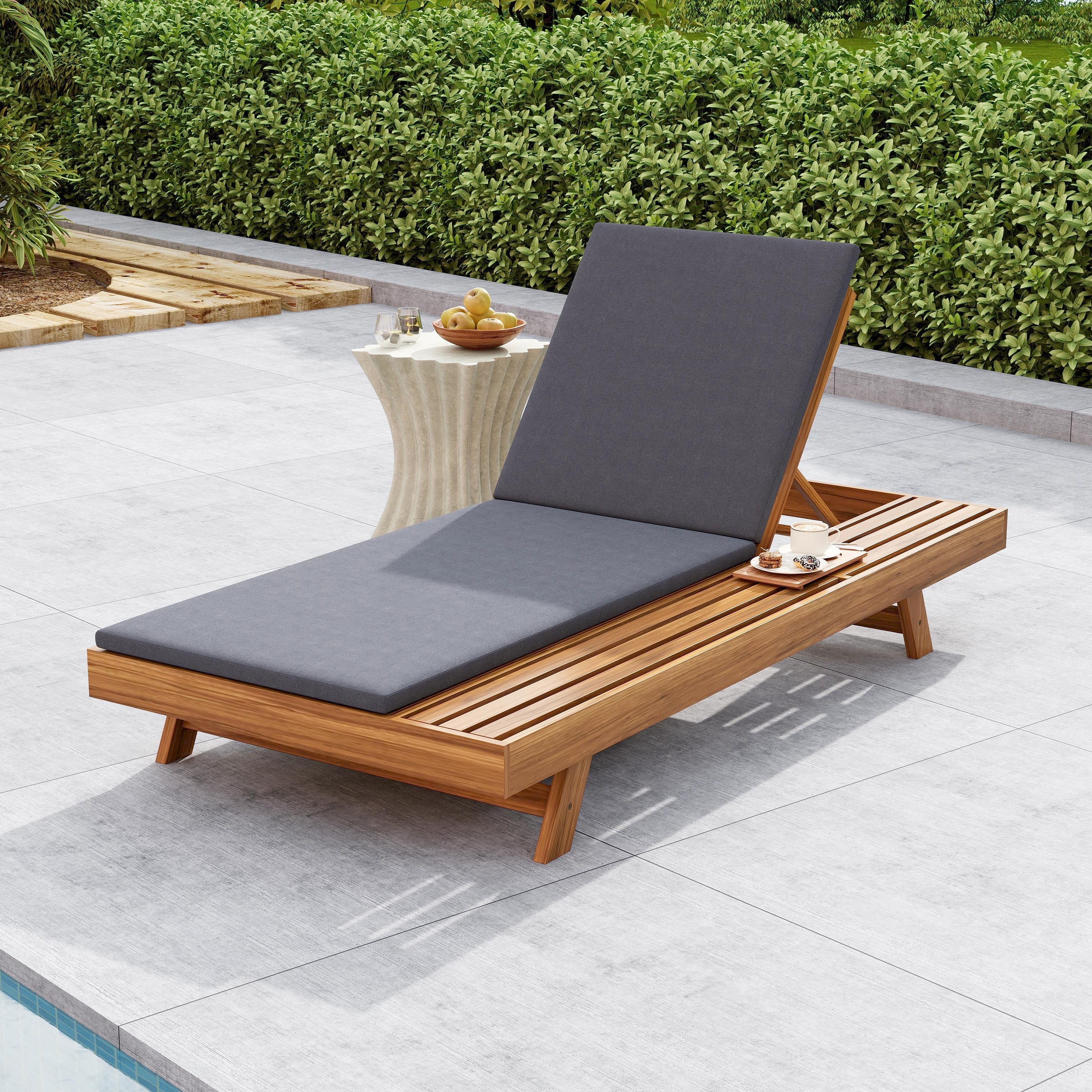 Acacia Wood Chaise Lounge Dark Gray Cushion 4-Position